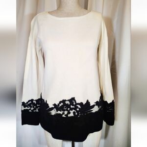 Nordstrom TAG Crew Neck Sweater, Ivory Tight Knit +Black Lace, XS